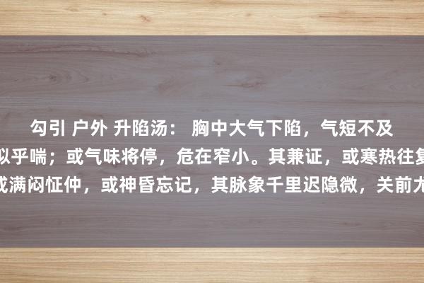 勾引 户外 升陷汤： 胸中大气下陷，气短不及以息，或英勇呼吸，有似乎喘；或气味将停，危在窄小。其兼证，或寒热往复，或咽干作渴，或满闷怔仲，或神昏忘记，其脉象千里迟隐微，关前尤甚。其剧者，或六脉不全，或参伍不调。 加